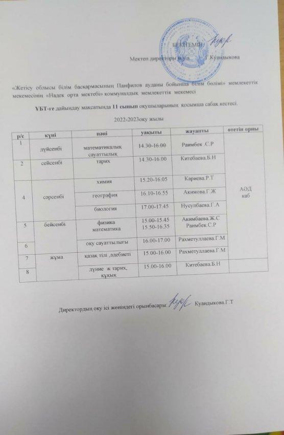 Қосымша сабақ кестесі